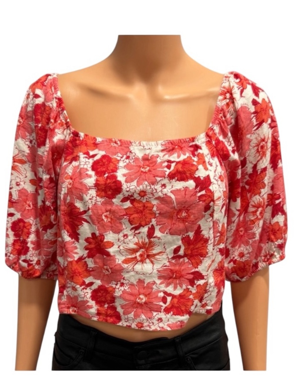 LUCKY BRAND Floral Linen Blend Short Puff Sleeve Crop Red White NWT Small